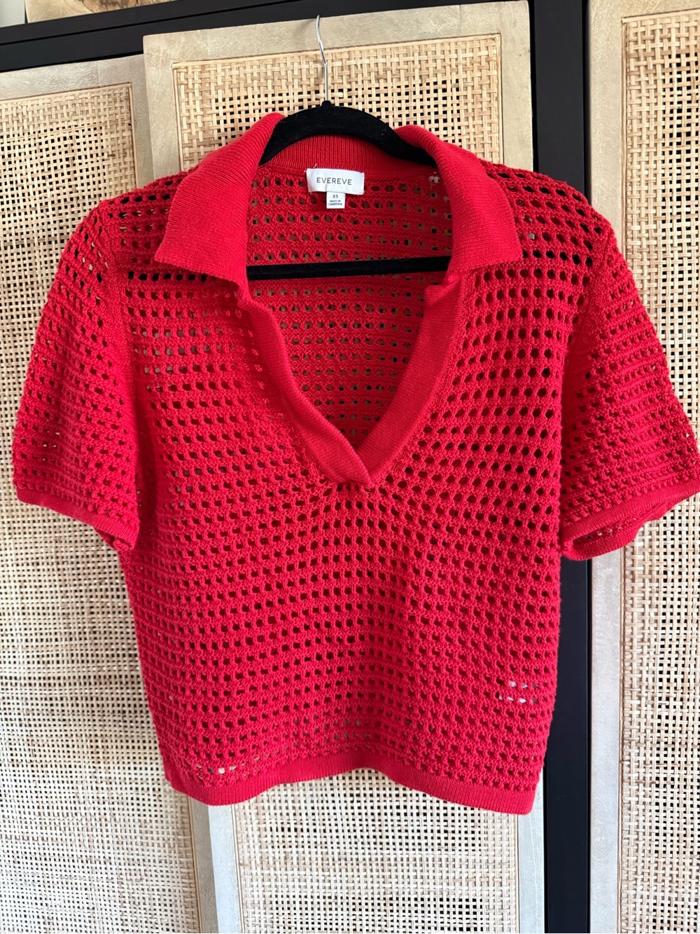 Evereve Red Open-Knit V-Neck Polo Sweater